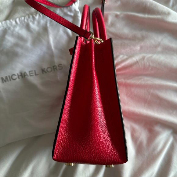 Michael Kors Mercer Pebbled Leather Messenger Crossbody Bag Deep Pink Floral - Picture 5 of 8